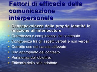 Fattori di efficacia dellaFattori di efficacia della
comunicazionecomunicazione
interpersonaleinterpersonale
• Consapevolezza della propria identità inConsapevolezza della propria identità in
relazione all’interlocutorerelazione all’interlocutore
• Correttezza e compiutezza del contenutoCorrettezza e compiutezza del contenuto
• Congruenza tra gli aspetti verbali e non verbaliCongruenza tra gli aspetti verbali e non verbali
• Corretto uso del canale utilizzatoCorretto uso del canale utilizzato
• Uso appropriato del contestoUso appropriato del contesto
• Pertinenza dell’obiettivoPertinenza dell’obiettivo
• Efficacia dello stile adottatoEfficacia dello stile adottato
 