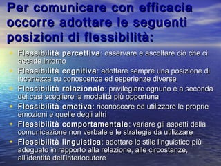 Per comunicare con efficaciaPer comunicare con efficacia
occorre adottare le seguentioccorre adottare le seguenti
posizioni di flessibilità:posizioni di flessibilità:
• Flessibilità percettivaFlessibilità percettiva : osservare e ascoltare ciò che ci: osservare e ascoltare ciò che ci
accade intornoaccade intorno
• Flessibilità cognitivaFlessibilità cognitiva : adottare sempre una posizione di: adottare sempre una posizione di
incertezza su conoscenze ed esperienze diverseincertezza su conoscenze ed esperienze diverse
• Flessibilità relazionaleFlessibilità relazionale : privilegiare ognuno e a seconda: privilegiare ognuno e a seconda
dei casi scegliere la modalità più opportunadei casi scegliere la modalità più opportuna
• Flessibilità emotivaFlessibilità emotiva : riconoscere ed utilizzare le proprie: riconoscere ed utilizzare le proprie
emozioni e quelle degli altriemozioni e quelle degli altri
• Flessibilità comportamentaleFlessibilità comportamentale : variare gli aspetti della: variare gli aspetti della
comunicazione non verbale e le strategie da utilizzarecomunicazione non verbale e le strategie da utilizzare
• Flessibilità linguisticaFlessibilità linguistica : adottare lo stile linguistico più: adottare lo stile linguistico più
adeguato in rapporto alla relazione, alle circostanze,adeguato in rapporto alla relazione, alle circostanze,
all’identità dell’interlocutoreall’identità dell’interlocutore
 