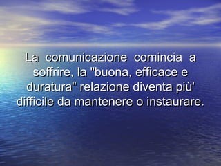 La comunicazione comincia aLa comunicazione comincia a
soffrire, la "buona, efficace esoffrire, la "buona, efficace e
duratura" relazione diventa più'duratura" relazione diventa più'
difficile da mantenere o instaurare.difficile da mantenere o instaurare.
 