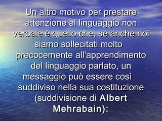 Un altro motivo per prestareUn altro motivo per prestare
attenzione al linguaggio nonattenzione al linguaggio non
verbale è quello che, se anche noiverbale è quello che, se anche noi
siamo sollecitati moltosiamo sollecitati molto
precocemente all'apprendimentoprecocemente all'apprendimento
del linguaggio parlato, undel linguaggio parlato, un
messaggio può essere cosìmessaggio può essere così
suddiviso nella sua costituzionesuddiviso nella sua costituzione
(suddivisione di(suddivisione di AlbertAlbert
Mehrabain):Mehrabain):
 