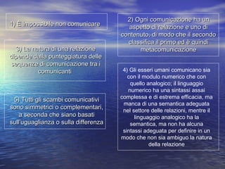 1) È impossibile non comunicare1) È impossibile non comunicare
3) La natura di una relazione3) La natura di una relazione
dipende dalla punteggiatura delledipende dalla punteggiatura delle
sequenze di comunicazione tra isequenze di comunicazione tra i
comunicanticomunicanti
5) Tutti gli scambi comunicativi5) Tutti gli scambi comunicativi
sono simmetrici o complementari,sono simmetrici o complementari,
a seconda che siano basatia seconda che siano basati
sull’uguaglianza o sulla differenzasull’uguaglianza o sulla differenza
2) Ogni comunicazione ha un2) Ogni comunicazione ha un
aspetto di relazione e uno diaspetto di relazione e uno di
contenuto, di modo che il secondocontenuto, di modo che il secondo
classifica il primo ed è quindiclassifica il primo ed è quindi
metacomunicazionemetacomunicazione
4) Gli esseri umani comunicano sia
con il modulo numerico che con
quello analogico; il linguaggio
numerico ha una sintassi assai
complessa e di estrema efficacia, ma
manca di una semantica adeguata
nel settore delle relazioni, mentre il
linguaggio analogico ha la
semantica, ma non ha alcuna
sintassi adeguata per definire in un
modo che non sia ambiguo la natura
della relazione
 