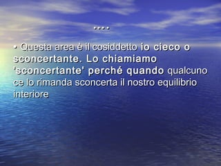 •• Questa area è il cosiddettoQuesta area è il cosiddetto io cieco oio cieco o
sconcertante. Lo chiamiamosconcertante. Lo chiamiamo
'sconcertante' perché quando'sconcertante' perché quando qualcunoqualcuno
ce lo rimanda sconcerta il nostro equilibrioce lo rimanda sconcerta il nostro equilibrio
interioreinteriore
……..
 