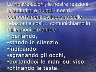 Le nostre azioni, le nostre reazioni,Le nostre azioni, le nostre reazioni,
le attitudini e quindi i nostrile attitudini e quindi i nostri
comportamenti sviluppano dellecomportamenti sviluppano delle
relazioni e così.... comunichiamo inrelazioni e così.... comunichiamo in
mille modi e maniere:mille modi e maniere:
• parlando,• parlando,
•stando in silenzio,•stando in silenzio,
•indicando,•indicando,
•sgranando gli occhi,•sgranando gli occhi,
•portandoci le mani sul viso,•portandoci le mani sul viso,
•chinando la testa.•chinando la testa.
 
