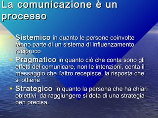 La comunicazione è unLa comunicazione è un
processoprocesso
• SistemicoSistemico in quanto le persone coinvoltein quanto le persone coinvolte
fanno parte di un sistema di influenzamentofanno parte di un sistema di influenzamento
reciprocoreciproco
• PragmaticoPragmatico in quanto ciò che conta sono gliin quanto ciò che conta sono gli
effetti del comunicare, non le intenzioni, conta ileffetti del comunicare, non le intenzioni, conta il
messaggio che l’altro recepisce, la risposta chemessaggio che l’altro recepisce, la risposta che
si ottienesi ottiene
• StrategicoStrategico in quanto la persona che ha chiariin quanto la persona che ha chiari
obiettivi da raggiungere si dota di una strategiaobiettivi da raggiungere si dota di una strategia
ben precisa.ben precisa.
 
