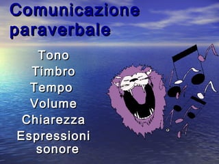 ComunicazioneComunicazione
paraverbaleparaverbale
TonoTono
TimbroTimbro
TempoTempo
VolumeVolume
ChiarezzaChiarezza
EspressioniEspressioni
sonoresonore
 