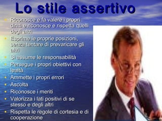 Lo stile assertivoLo stile assertivo
• Riconosce e fa valere i propriRiconosce e fa valere i propri
diritti e riconosce e rispetta quellidiritti e riconosce e rispetta quelli
degli altridegli altri
• Esprime le proprie posizioni,Esprime le proprie posizioni,
senza tentare di prevaricare glisenza tentare di prevaricare gli
altrialtri
• Si assume le responsabilitàSi assume le responsabilità
• Persegue i propri obiettivi conPersegue i propri obiettivi con
lealtàlealtà
• Ammette i propri erroriAmmette i propri errori
• AscoltaAscolta
• Riconosce i meritiRiconosce i meriti
• Valorizza i lati positivi di seValorizza i lati positivi di se
stesso e degli altristesso e degli altri
• Rispetta le regole di cortesia e diRispetta le regole di cortesia e di
cooperazionecooperazione
 