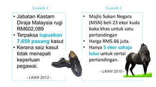 • Jabatan Kastam
Diraja Malaysia rugi
RM602,089
• Terpaksa lupuskan
7,659 pasang kasut
• Kerana saiz kasut
tidak menepati
keperluan
pegawai.
- LKAN 2013 -
• Majlis Sukan Negara
(MSN) beli 23 ekor kuda
baka khas untuk satu
pertandingan
• Harga RM5.66 juta.
• Hanya 5 ekor sahaja
lulus untuk sertai
pertandingan.
- LKAN 2010 -
Contoh 1 Contoh 2
 