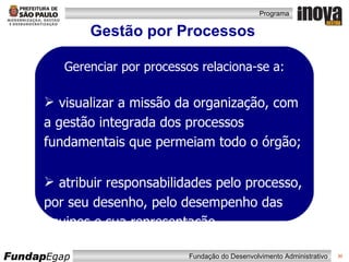 Gestão por Processos Gerenciar por processos relaciona-se a: visualizar a missão da organização, com a gestão integrada dos processos fundamentais que permeiam todo o órgão; atribuir responsabilidades pelo processo, por seu desenho, pelo desempenho das equipes e sua representação. 