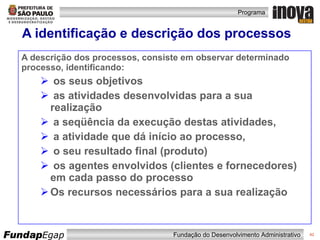 A identificação e descrição dos processos  A descrição dos processos, consiste em observar determinado processo, identificando: os seus objetivos as atividades desenvolvidas para a sua  realização a seqüência da execução destas atividades, a atividade que dá início ao processo,  o seu resultado final (produto) os agentes envolvidos (clientes e fornecedores) em cada passo do processo Os recursos necessários para a sua realização  