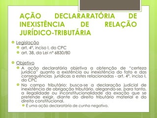 AÇÃO     DECLARARATÓRIA  DE
     INEXISTÊNCIA    DE  RELAÇÃO
     JURÍDICO-TRIBUTÁRIA
   Legislação
     art. 4º, inciso I, do CPC
     art. 38, da Lei nº 6830/80


   Objetivo
     A ação declaratória objetiva a obtenção de “certeza
      jurídica” quanto a existência ou inexistência do fato e das
      consequências jurídicas a estes relacionadas - art. 4°, inciso I,
      do CPC
     No campo tributário: busca-se a declaração judicial de
      inexistência de obrigação tributário, alegando-se, para tanto,
      a ilegalidade ou inconstitucionalidade da exação que se
      pretende exigir, diante do direito tributário material e do
      direito constitucional.
          É uma ação declaratória de cunho negativo.
 