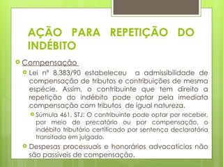 AÇÃO PARA REPETIÇÃO DO
     INDÉBITO
 Compensação
    Lei nº 8.383/90 estabeleceu a admissibilidade de
     compensação de tributos e contribuições de mesma
     espécie. Assim, o contribuinte que tem direito a
     repetição do indébito pode optar pela imediata
     compensação com tributos de igual natureza.
      Súmula  461, STJ: O contribuinte pode optar por receber,
      por meio de precatório ou por compensação, o
      indébito tributário certificado por sentença declaratória
      transitada em julgado.
    Despesas processuais e honorários advocatícios não
     são passíveis de compensação.
 