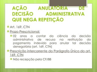AÇÃO     ANULATÓRIA     DE
   DECISÃO     ADMINISTRATIVA
   QUE NEGA REPETIÇÃO
 Art.169, CTN
 Prazo Prescricional:
     02 anos a contar da ciência da decisão
      administrativa de recusa na restituição do
      pagamento indevido para anular tal decisão
      denegatória (art. 169, CTN)
 Prescrição   intercorrente do Parágrafo Único do art.
  169, CTN
     Não recepção pela CF/88
 