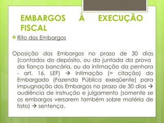 EMBARGOS             À    EXECUÇÃO
   FISCAL
 Rito   dos Embargos

Oposição dos Embargos no prazo de 30 dias
 (contados do depósito, ou da juntada da prova
 da fiança bancária, ou da intimação da penhora
 - art. 16, LEF)  intimação (= citação) do
 Embargado (Fazenda Pública exeqüente) para
 impugnação dos Embargos no prazo de 30 dias 
 audiência de instrução e julgamento (somente se
 os embargos versarem também sobre matéria de
 fato)  sentença.
 