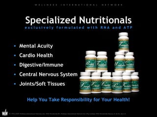 Specialized Nutritionals e x c l u s i v e l y  f o r m u l a t e d  w i t h  R N A  a n d  A T P Mental Acuity Cardio Health Digestive/Immune Central Nervous System Joints/Soft Tissues Help You Take Responsibility for Your Health! 