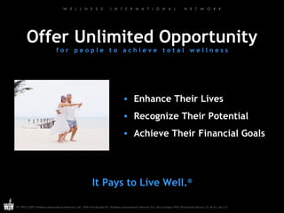 Offer Unlimited Opportunity f o r  p e o p l e  t o  a c h i e v e  t o t a l  w e l l n e s s Enhance Their Lives Recognize Their Potential Achieve Their Financial Goals It Pays to Live Well. ® 