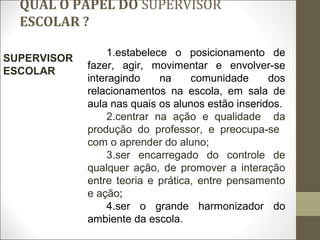 QUAL O PAPEL DO SUPERVISOR
ESCOLAR ?
SUPERVISOR
ESCOLAR
1.estabelece o posicionamento de
fazer, agir, movimentar e envolver-se
interagindo na comunidade dos
relacionamentos na escola, em sala de
aula nas quais os alunos estão inseridos.
2.centrar na ação e qualidade da
produção do professor, e preocupa-se
com o aprender do aluno;
3.ser encarregado do controle de
qualquer ação, de promover a interação
entre teoria e prática, entre pensamento
e ação;
4.ser o grande harmonizador do
ambiente da escola.
 