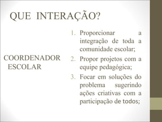 QUE INTERAÇÃO?
COORDENADOR
ESCOLAR
1. Proporcionar a
integração de toda a
comunidade escolar;
2. Propor projetos com a
equipe pedagógica;
3. Focar em soluções do
problema sugerindo
ações criativas com a
participação de todos;
 