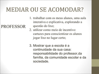 MEDIAR OU SE ACOMODAR?
PROFESSOR
1. trabalhar com os meus alunos, uma aula
interativa e explicativa, explorando a
questão do lixo;
2. utilizar como meio de incentivo:
cartazes para conscientizar os alunos
jogar lixo no lugar certo;
3. Mostrar que a escola é a
continuidade da sua casa:
responsabilidade do professor,da
família, da comunidade escolar e da
sociedade.
 