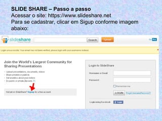 SLIDE SHARE – Passo a passo Acessar o site: https://www.slideshare.net Para se cadastrar, clicar em Sigup conforme imagem abaixo: 