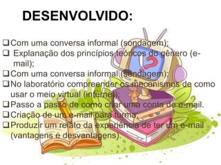 DESENVOLVIDO:
Com uma conversa informal (sondagem);
 Explanação dos princípios teóricos do gênero (e-
  mail);
Com uma conversa informal (sondagem);
No laboratório compreender os mecanismos de como
 usar o meio virtual (internet);
Passo a passo de como criar uma conta de e-mail.
Criação de um e-mail para turma;
Produzir um relato da experiência de ter um e-mail
 (vantagens e desvantagens).
 