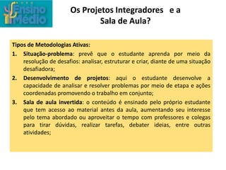 Os Projetos Integradores e a
Sala de Aula?
Tipos de Metodologias Ativas:
1. Situação-problema: prevê que o estudante aprenda por meio da
resolução de desafios: analisar, estruturar e criar, diante de uma situação
desafiadora;
2. Desenvolvimento de projetos: aqui o estudante desenvolve a
capacidade de analisar e resolver problemas por meio de etapa e ações
coordenadas promovendo o trabalho em conjunto;
3. Sala de aula invertida: o conteúdo é ensinado pelo próprio estudante
que tem acesso ao material antes da aula, aumentando seu interesse
pelo tema abordado ou aproveitar o tempo com professores e colegas
para tirar dúvidas, realizar tarefas, debater ideias, entre outras
atividades;
 