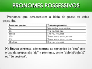 Pronomes  que  acrescentam  a  ideia  de  posse  ou  coisa 
possuída.
PRONOMES POSSESSIVOSPRONOMES POSSESSIVOS
Na língua corrente, são comuns as variações do “seu” com 
o uso da preposição “de” + pronome, como “dele(s)/dela(s)” 
ou “de você (s)”.
 