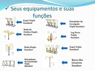  Seus equipamentos e suas
funções
Roda de
Ombro Duplo
Standart
Roda Dupla
Standart
Simulador de
Cavalgada
Tripla Standart
Leg Press
Triplo
Standart
Simuladores
de Caminhada
Triplo
Standard
Esqui Triplo
Standard
Esqui Triplo
Standard
Barra Alta
Giratória
Standart
 