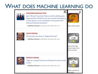 6
WHAT DOES MACHINE LEARNING DO
X y
 