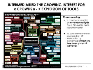 7
Olga Kokshagina 2015
INTERMEDIARIES: THE GROWING INTEREST FOR
« CROWDS » - > EXPLOSION OF TOOLS
!  Crowdsourcing
!  is a model leveraging
on novel technologies
(web 2.0, mobile apps,
social networks)
!  To build content and a
structured set of
information by
gathering contributions
from large groups of
individuals
5
 