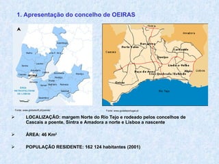 1. Apresentação do concelho de OEIRAS LOCALIZAÇÃO: margem Norte do Rio Tejo e rodeado pelos concelhos de Cascais a poente, Sintra e Amadora a norte e Lisboa a nascente ÁREA: 46 Km 2 POPULAÇÃO RESIDENTE: 162 124 habitantes (2001) Fonte: www.globalsoft.pt/joeiras/ 