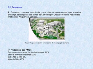 5.2. Empresas    E mpresas com maior importância, quer a nível volume de vendas, quer a nível de presença, estão ligadas aos ramos do Comércio por Grosso e Retalho, Actividades Imobiliárias, Alugueres e Serviços. Tagus Parque: um centro empresarial, de investigação e ensino    Predomínio das PME’s: Empresas com menos de 5 trabalhadores: 60% Entre 5 e 99 trabalhadores: 20% Entre 100 e 499: 2% Mais de 500: 0.3% 