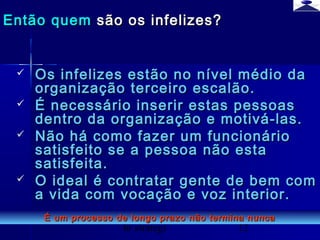br strategi 12
 Os infelizes estão no nível médio daOs infelizes estão no nível médio da
organização terceiro escalão.organização terceiro escalão.
 É necessário inserir estas pessoasÉ necessário inserir estas pessoas
dentro da organização e motivá-las.dentro da organização e motivá-las.
 Não há como fazer um funcionárioNão há como fazer um funcionário
satisfeito se a pessoa não estasatisfeito se a pessoa não esta
satisfeita.satisfeita.
 O ideal é contratar gente de bem comO ideal é contratar gente de bem com
a vida com vocação e voz interior.a vida com vocação e voz interior.
Então quemEntão quem são os infelizes?são os infelizes?
É um processo de longo prazo não termina nuncaÉ um processo de longo prazo não termina nunca
 