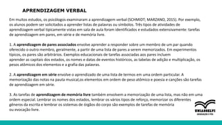 APRENDIZAGEM VERBAL
Em muitos estudos, os psicólogos examinaram a aprendizagem verbal (SCHMIDT; MARZANO, 2015). Por exemplo,
os alunos podem ser solicitados a aprender listas de palavras ou símbolos. Três tipos de atividades de
aprendizagem verbal tipicamente vistas em sala de aula foram identificados e estudados extensivamente: tarefas
de aprendizagem em pares, em série e de memória livre.
1. A aprendizagem de pares associados envolve aprender a responder sobre um membro de um par quando
oferecido o outro membro, geralmente, a partir de uma lista de pares a serem memorizados. Em experimentos
típicos, os pares são arbitrários. Exemplos educacionais de tarefas associadas aos pares incluem
aprender as capitais dos estados, os nomes e datas de eventos históricos, as tabelas de adição e multiplicação, os
pesos atômicos dos elementos e a grafia das palavras.
2. A aprendizagem em série envolve o aprendizado de uma lista de termos em uma ordem particular. A
memorização das notas na pauta musical,os elementos em ordem de peso atômico e poesia e canções são tarefas
de aprendizagem em série.
3. As tarefas de aprendizagem de memória livre também envolvem a memorização de uma lista, mas não em uma
ordem especial. Lembrar os nomes dos estados, lembrar os vários tipos de reforço, memorizar os diferentes
gêneros da escrita e lembrar os sistemas de órgãos do corpo são exemplos de tarefas de memória
ou evocação livre.
 