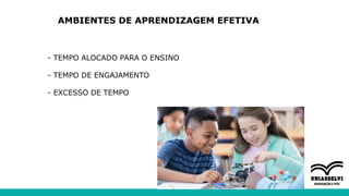 AMBIENTES DE APRENDIZAGEM EFETIVA
- TEMPO ALOCADO PARA O ENSINO
- TEMPO DE ENGAJAMENTO
- EXCESSO DE TEMPO
 