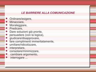 LE BARRIERE ALLA COMUNICAZIONE
 Ordinare/esigere,
 Minacciare,
 Moraleggiare,
 Predicare,
 Dare soluzioni già pronte,
 persuadere (con la logica),
 giudicare/disapprovare,
 fare complimenti immeritatamente,
 umiliare/ridicolizzare,
 interpretare,
 consolare/minimizzare,
 cambiare argomento,
 interrogare ...
 