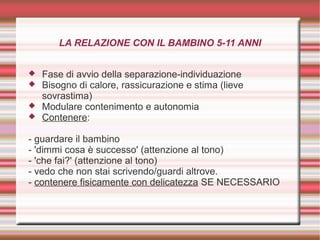 LA RELAZIONE CON IL BAMBINO 5-11 ANNI
 Fase di avvio della separazione-individuazione
 Bisogno di calore, rassicurazione e stima (lieve
sovrastima)
 Modulare contenimento e autonomia
 Contenere:
- guardare il bambino
- 'dimmi cosa è successo' (attenzione al tono)
- 'che fai?' (attenzione al tono)
- vedo che non stai scrivendo/guardi altrove.
- contenere fisicamente con delicatezza SE NECESSARIO
 