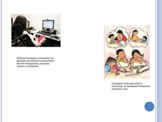 Oferecer formações continuadas que
garantam ao professor conhecimento
dos fins educacionais, propostas,
valores e sua filosofia..




                                     Formação Continuada sobre a
                                     Construção da Identidade Profissional
                                     (aprender a ser).
 