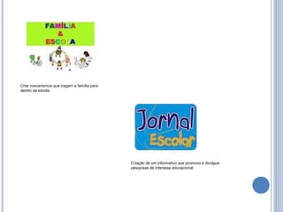 Criar mecanismos que tragam a família para
dentro da escola.




                                             Criação de um informativo que promova e divulgue
                                             pesquisas de interesse educacional.
 