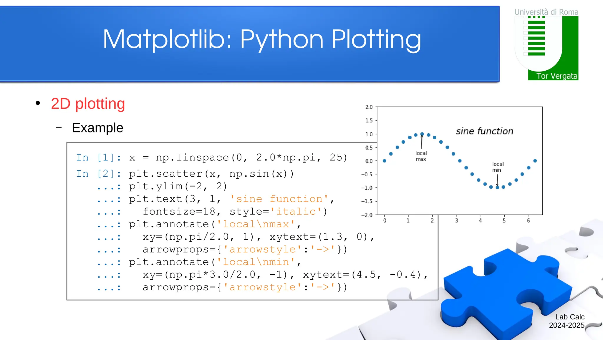 Lab Calc 2024-2025 Matplotlib: Python Plotting ● 2D plotting – Example In [1]: x = np.linspace(0, 2.0*np.pi, 25) In [2]: plt.scatter(x, np.sin(x)) ...: plt.ylim(-2, 2) ...: plt.text(3, 1, 'sine function', ...: fontsize=18, style='italic') ...: plt.annotate('localnmax', ...: xy=(np.pi/2.0, 1), xytext=(1.3, 0), ...: arrowprops={'arrowstyle':'->'}) ...: plt.annotate('localnmin', ...: xy=(np.pi*3.0/2.0, -1), xytext=(4.5, -0.4), ...: arrowprops={'arrowstyle':'->'}) 
