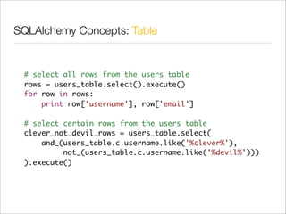 SQLAlchemy Concepts: Table


 # select all rows from the users table
 rows = users_table.select().execute()
 for row in rows:
     print row['username'], row['email']

 # select certain rows from the users table
 clever_not_devil_rows = users_table.select(
     and_(users_table.c.username.like('%clever%'),
          not_(users_table.c.username.like('%devil%')))
 ).execute()
 