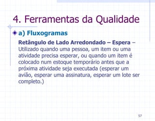 4. Ferramentas da Qualidade
 a) Fluxogramas
 Retângulo de Lado Arredondado – Espera –
 Utilizado quando uma pessoa, um item ou uma
 atividade precisa esperar, ou quando um item é
 colocado num estoque temporário antes que a
 próxima atividade seja executada (esperar um
 avião, esperar uma assinatura, esperar um lote ser
 completo.)




                                                  57
 