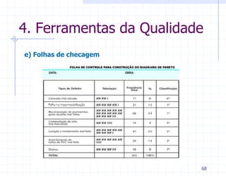 4. Ferramentas da Qualidade
e) Folhas de checagem




                          68
 