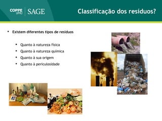 Classificação dos resíduos?
 Existem diferentes tipos de resíduos
 Quanto à natureza física
 Quanto à natureza química
 Quanto à sua origem
 Quanto à periculosidade
 
