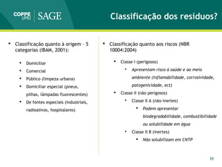 11
Classificação dos resíduos?
 Classificação quanto à origem – 5
categorias (IBAM, 2001):
 Domiciliar
 Comercial
 Público (limpeza urbana)
 Domiciliar especial (pneus,
pilhas, lâmpadas fluorescentes)
 De fontes especiais (industriais,
radioativos, hospitalares)
 Classificação quanto aos riscos (NBR
10004:2004)
 Classe I (perigosos)
 Apresentam risco à saúde e ao meio
ambiente (inflamabilidade, corrosividade,
patogenicidade, ect)
 Classe II (não perigosos)
 Classe II A (não-inertes)
 Podem apresentar
biodegradabilidade, combustibilidade
ou solubilidade em água
 Classe II B (inertes)
 Não solubilizam em CNTP
 