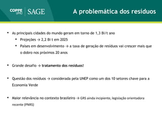 A problemática dos resíduos
 As principais cidades do mundo geram em torno de 1,3 Bi/t ano
 Projeções → 2,2 Bi t em 2025
 Países em desenvolvimento → a taxa de geração de resíduos vai crescer mais que
o dobro nos próximos 20 anos
 Grande desafio → tratamento dos resíduos!
 Questão dos resíduos → considerada pela UNEP como um dos 10 setores chave para a
Economia Verde
 Maior relevância no contexto brasileiro → GRS ainda incipiente, legislação orientadora
recente (PNRS)
 