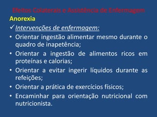 Efeitos Colaterais e Assistência de Enfermagem
Anorexia
Intervenções de enfermagem:
• Orientar ingestão alimentar mesmo durante o
quadro de inapetência;
• Orientar a ingestão de alimentos ricos em
proteínas e calorias;
• Orientar a evitar ingerir líquidos durante as
refeições;
• Orientar a prática de exercícios físicos;
• Encaminhar para orientação nutricional com
nutricionista.
 