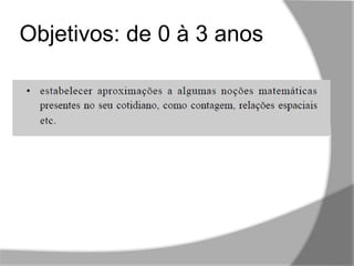 ,,
Objetivos: de 0 à 3 anos
 