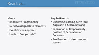 React vs…
JQuery
• Imperative Programming
• Need to assign IDs to elements
• Event-Driven approach
• Leads to "zuppa code"
AngularJS (ver. 1)
• Oscillating learning curve (but
Angular is a full framework)
• Separation of Responsibility
(instead of Separation of
Concerns)
• Proliferation of directives and
scopes
 
