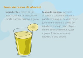 Sucos de cascas de abacaxi
 Ingredientes: cascas de um          Modo de preparo: lave bem
 abacaxi, 4 litros de água, cravo,   as cascas e coloque-as em uma
 canela e açúcar mascavo a gosto.    panela com a água. Deixe-as ferver
                                     junto com o cravo e a canela por
                                     uma hora em fogo baixo. Depois
                                     de frio, coe e acrescente açúcar
                                     a gosto. Coloque o suco na
                                     geladeira e sirva gelado.
 