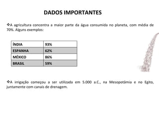 A agricultura concentra a maior parte da água consumida no planeta, com média de 70%. Alguns exemplos:  A irrigação começou a ser utilizada em 5.000 a.C., na Mesopotâmia e no Egito, juntamente com canais de drenagem. DADOS IMPORTANTES ÍNDIA 93% ESPANHA 62% MÉXICO 86% BRASIL 59% 